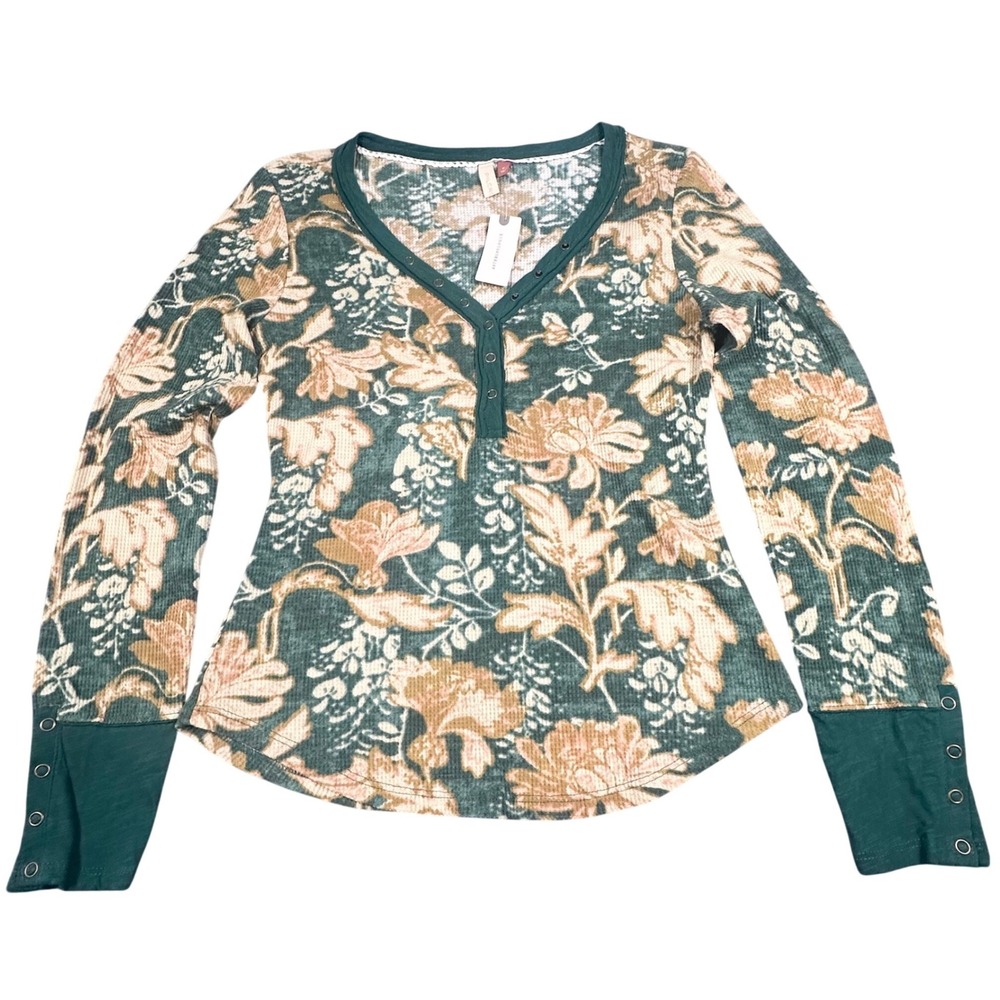 NWT Anthropologie Pilcro‎ Waffle Henley Green Floral Top Medium